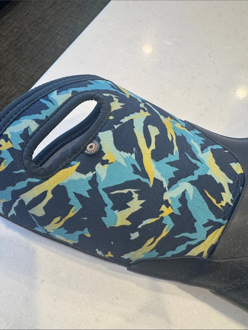 Bogs Kids Black Rain Boots with Blue and Teal Camo Accents